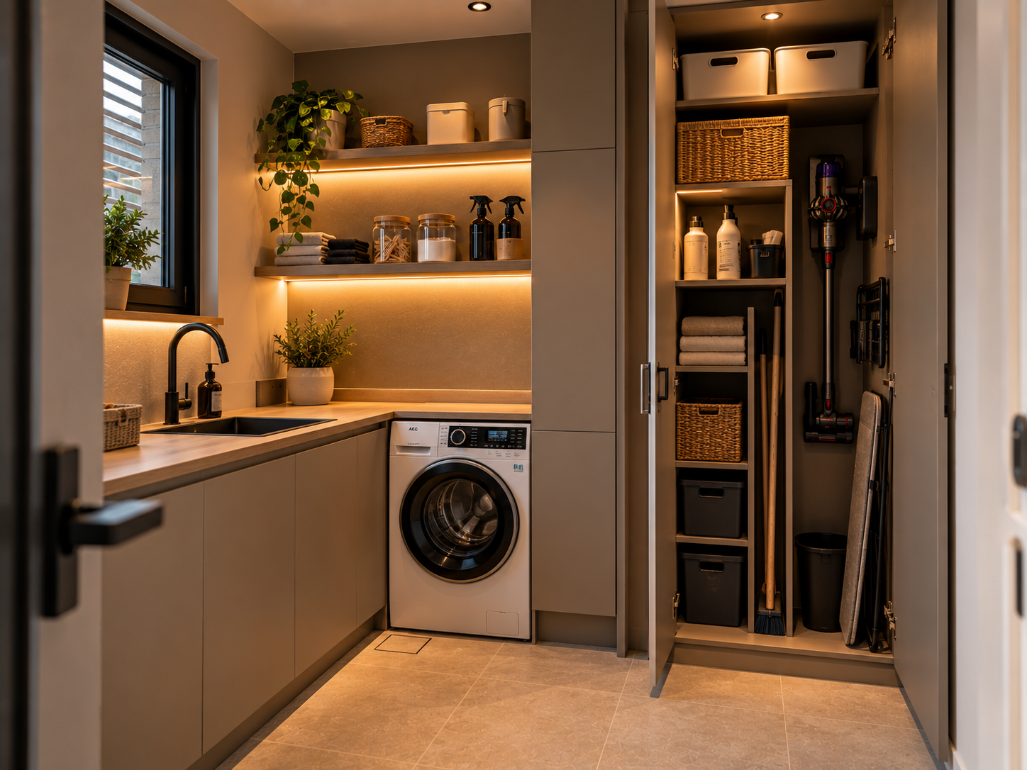Bijkeuken met wasmachine, spoelbak en opbergkasten